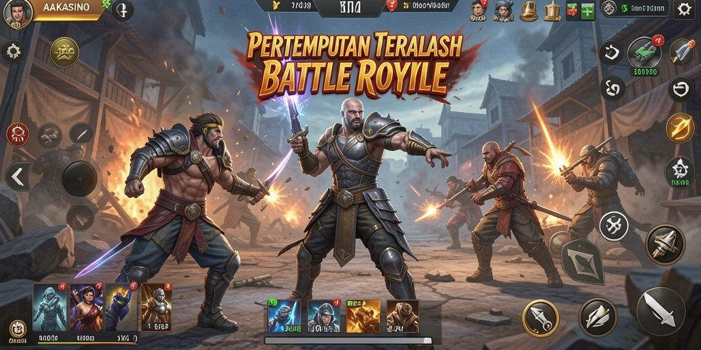 Screenshot gameplay AAKASINO menampilkan aksi pertempuran intens di arena Battle Royale.
