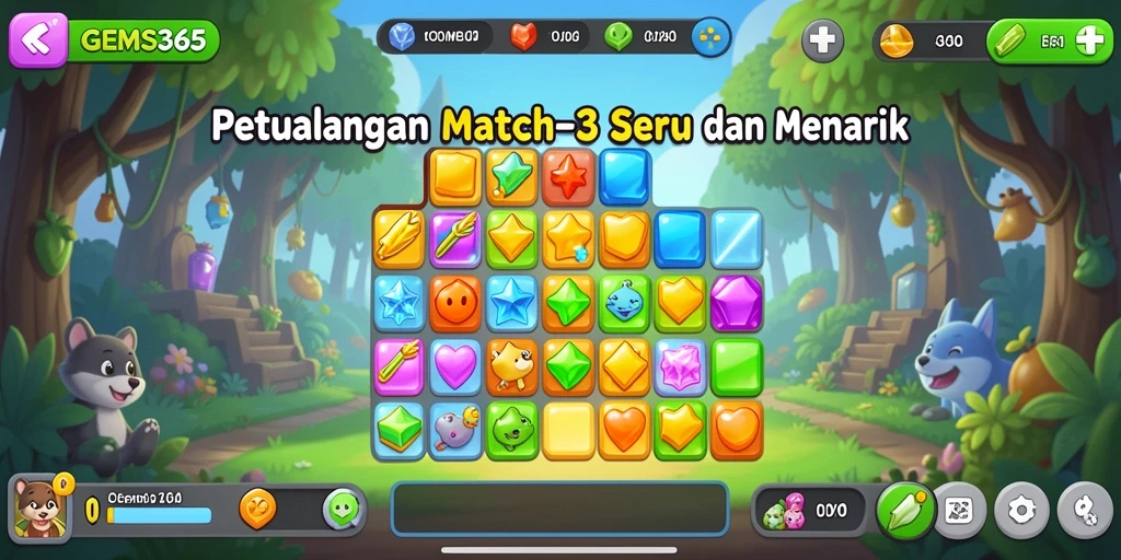 Tampilan gameplay GEMS365 yang penuh warna dan seru.