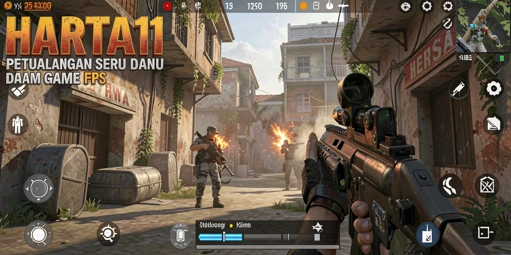 Screenshot gameplay HARTA11 menunjukkan aksi menegangkan di medan perang FPS.