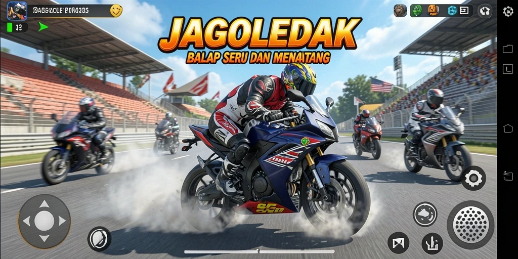 Screenshot utama JAGOLEDAK menampilkan aksi balap motor yang mendebarkan.