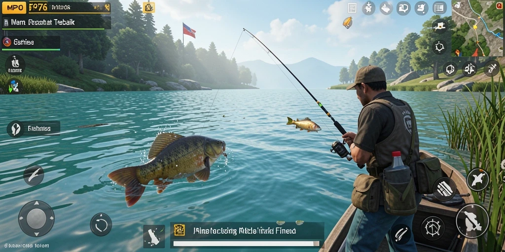 Screenshot gameplay MPO76 menampilkan momen seru saat memancing di danau.