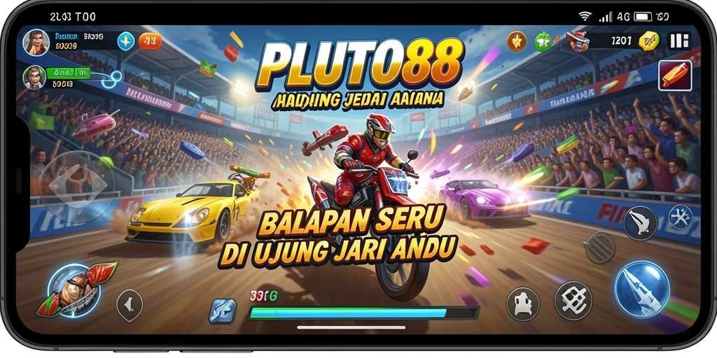 Tampilan gameplay balapan seru di PLUTO88 menunjukkan kecepatan dan adrenalin.