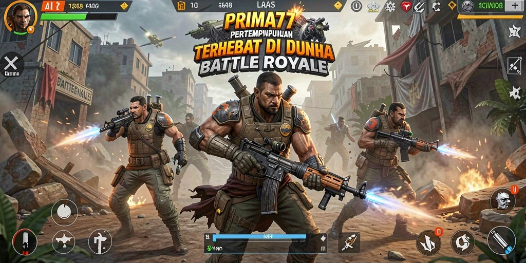 Screenshot PRIMA77 menampilkan aksi pertempuran intens dalam gameplay Battle Royale.