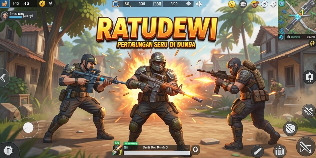Screenshot utama RATUDEWI menampilkan aksi pertempuran Battle Royale yang mendebarkan.