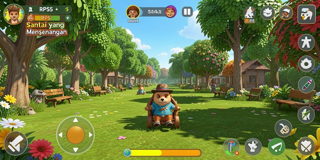 Screenshot gameplay RP55 yang menunjukkan suasana ceria dan tantangan menarik.