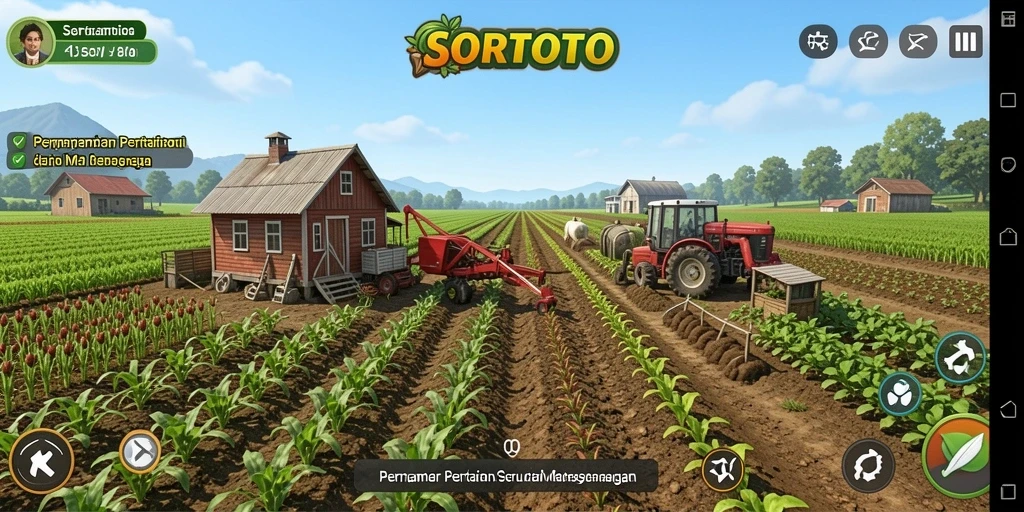 Tampilan gameplay SORTOTO dengan landscape pertanian yang indah.